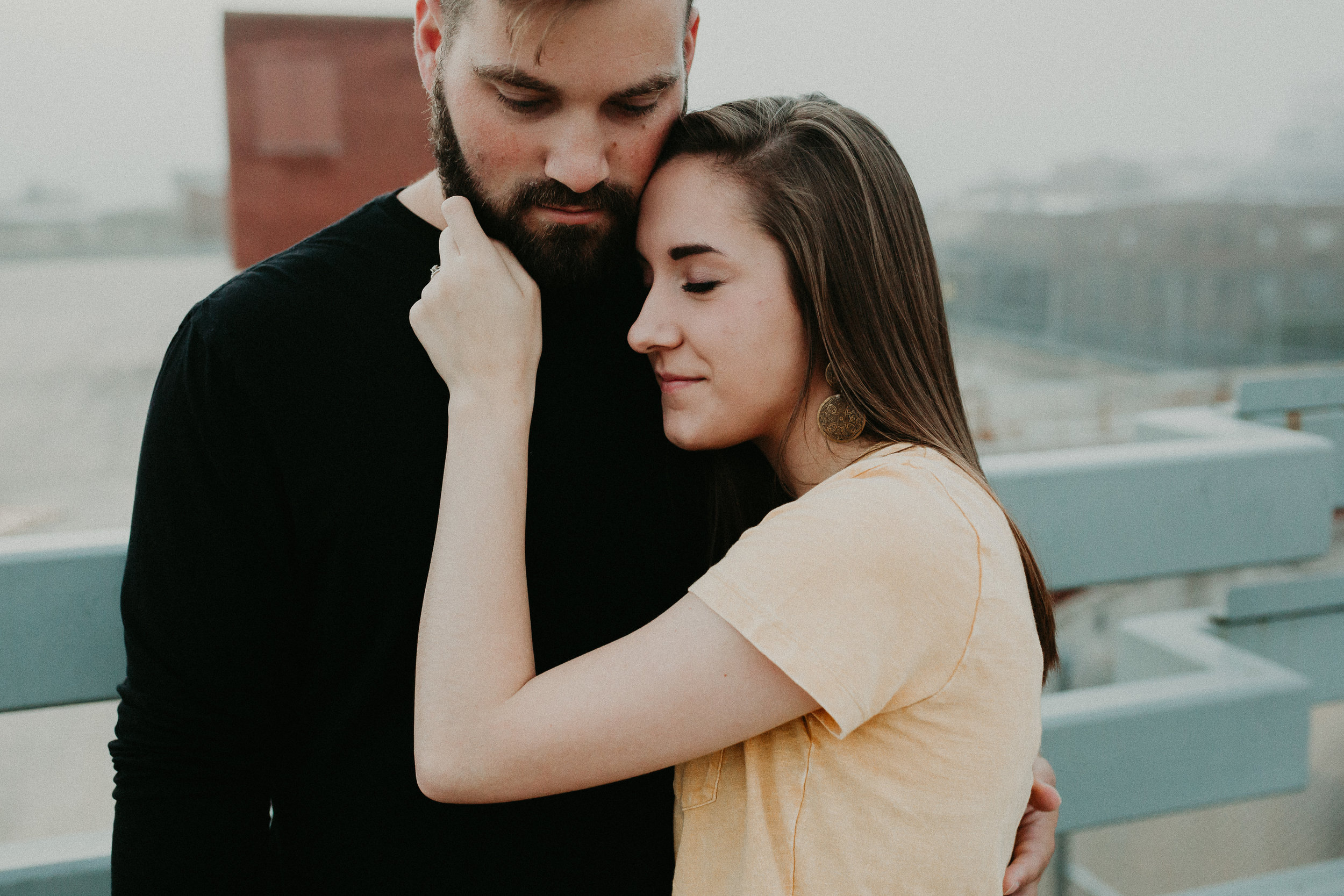Foggy Summer Sunrise Couples Session on Downtown Lancaster Parking Garage Rooftop in Lancaster, Pennsylvania