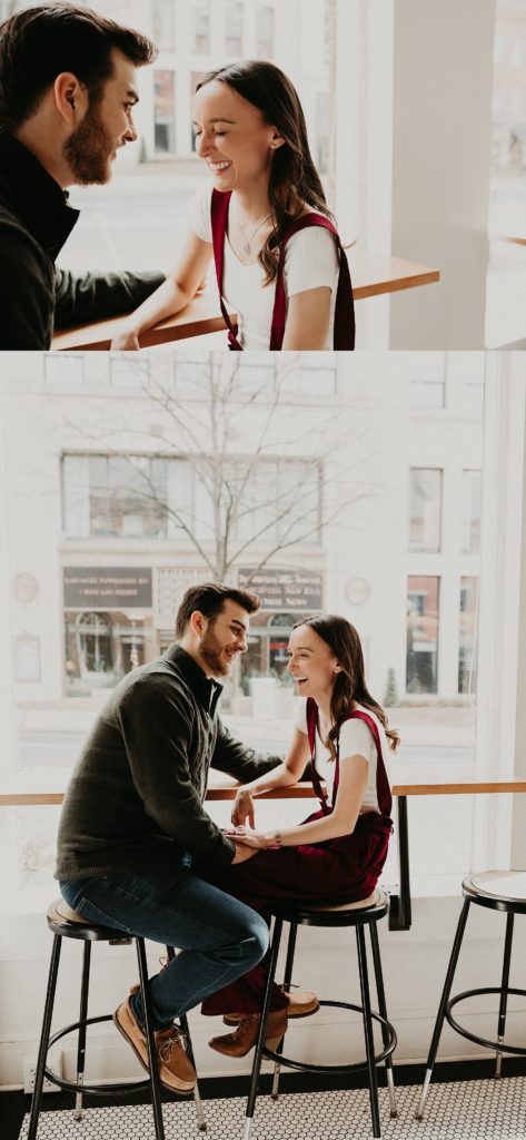 Candid engagement photos in Passenger Coffee in Downtown Lancaster