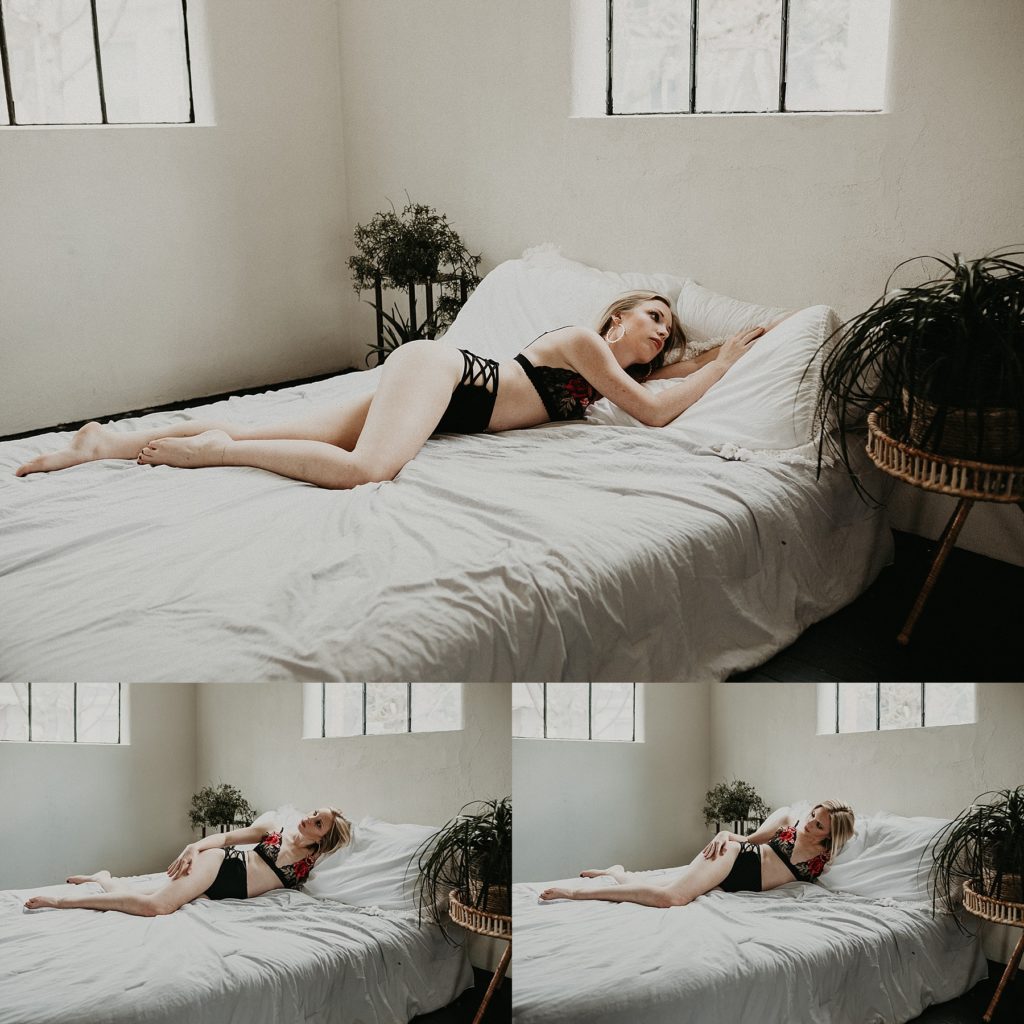 Curves and body elongated teasing in a seductive manner during studio boudoir session in Downtown York, PA