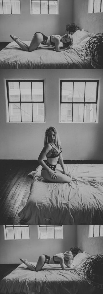 Body curve enhancing boudoir pose during boudoir session in downtown York studio