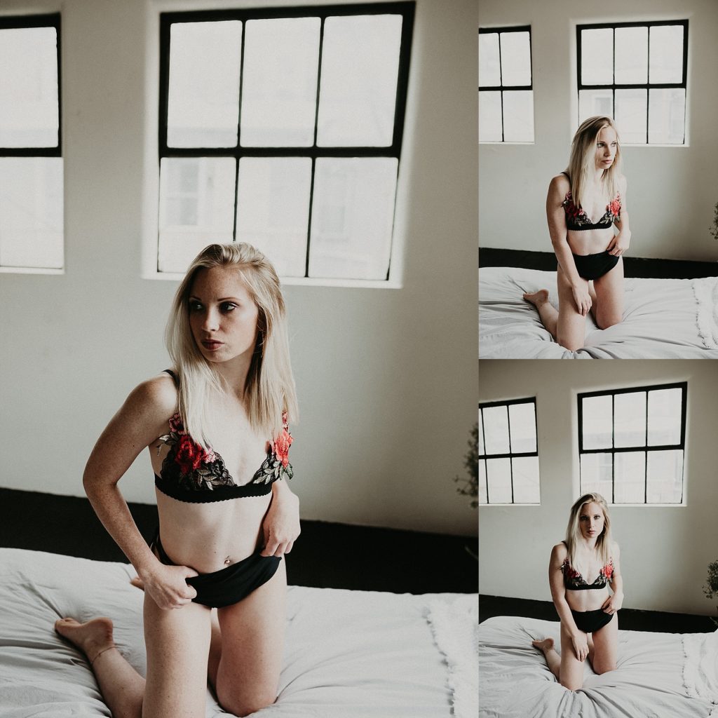 Body curve enhancing boudoir pose during boudoir session in downtown York studio