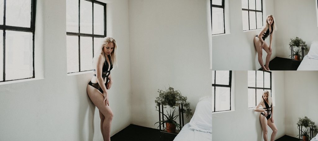 Skimpy and sexy body suit worn for a seductive boudoir shoot in Downtown York, PA
