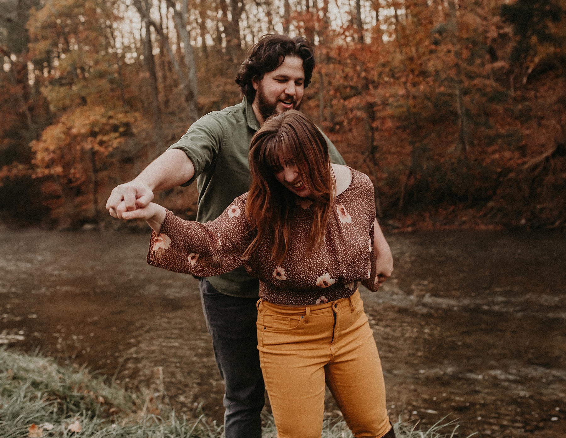 Fun and playful foggy Irish countryside sunrise couples session