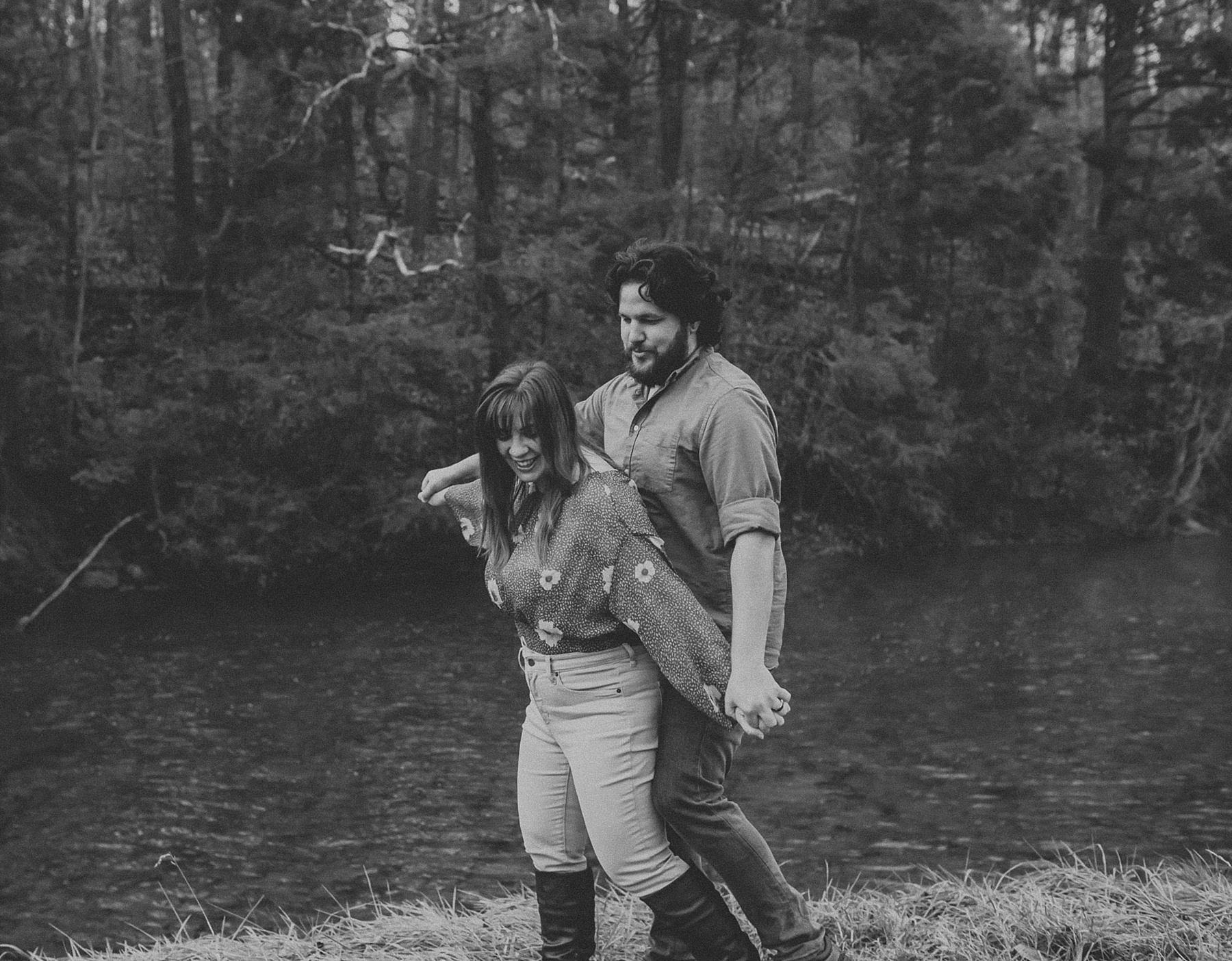 Fun and playful foggy Irish countryside sunrise couples session