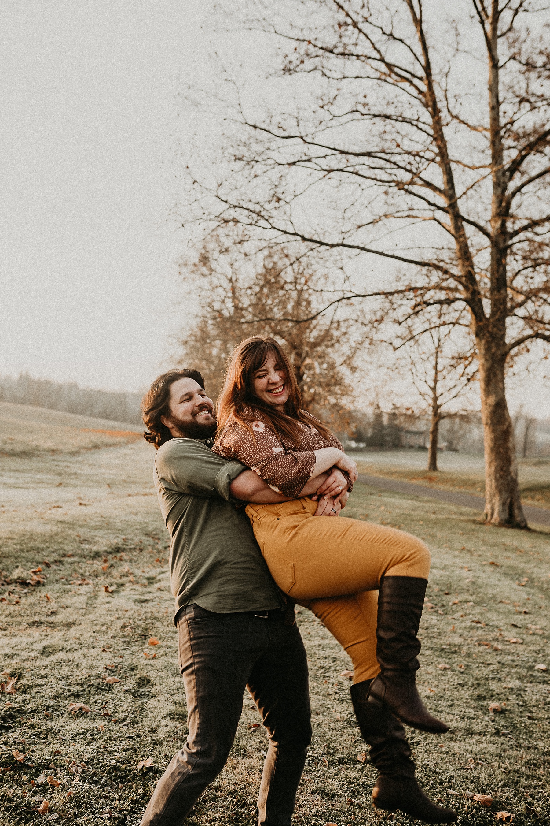 Fun and playful foggy Irish countryside sunrise couples session