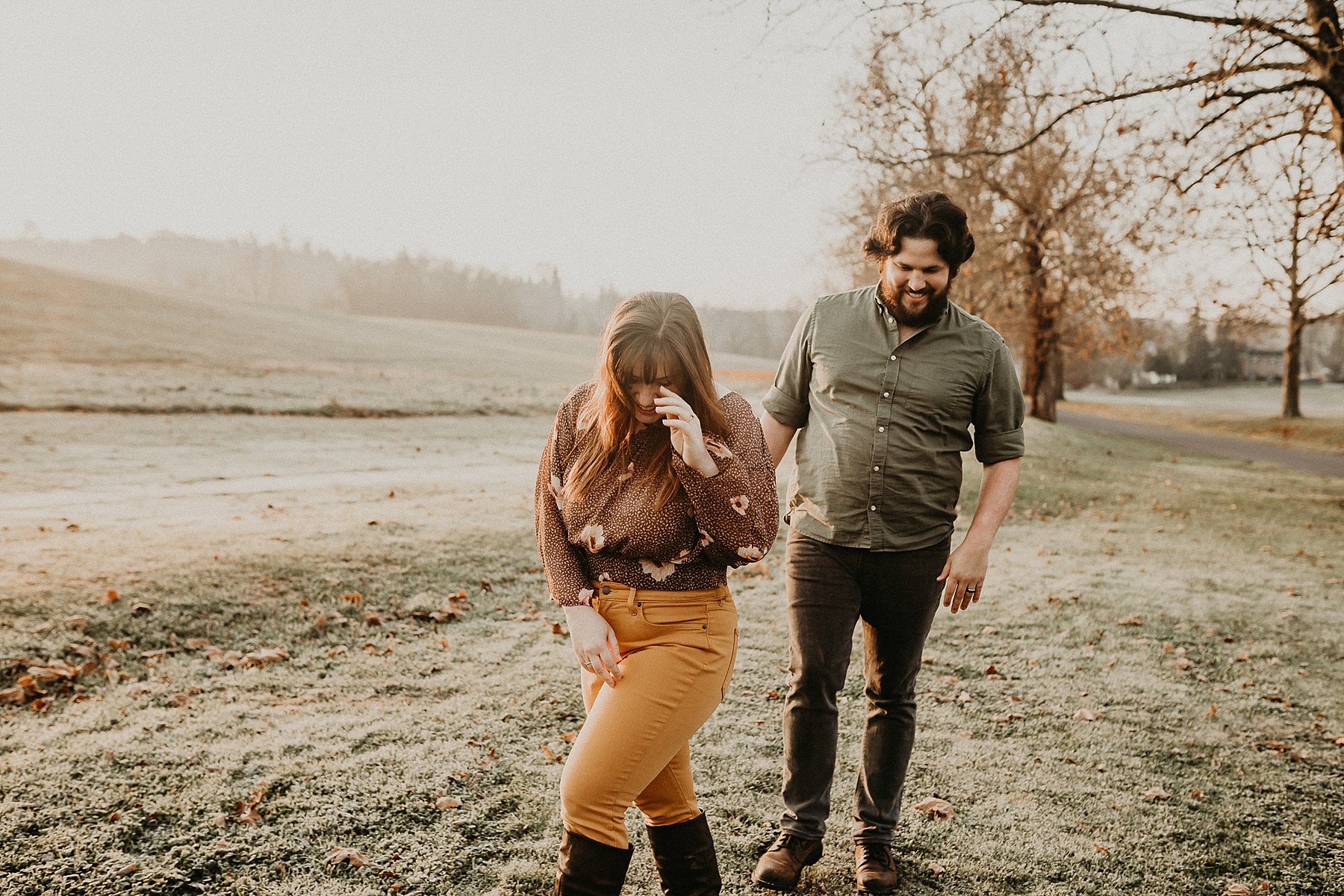 Fun and playful foggy Irish countryside sunrise couples session