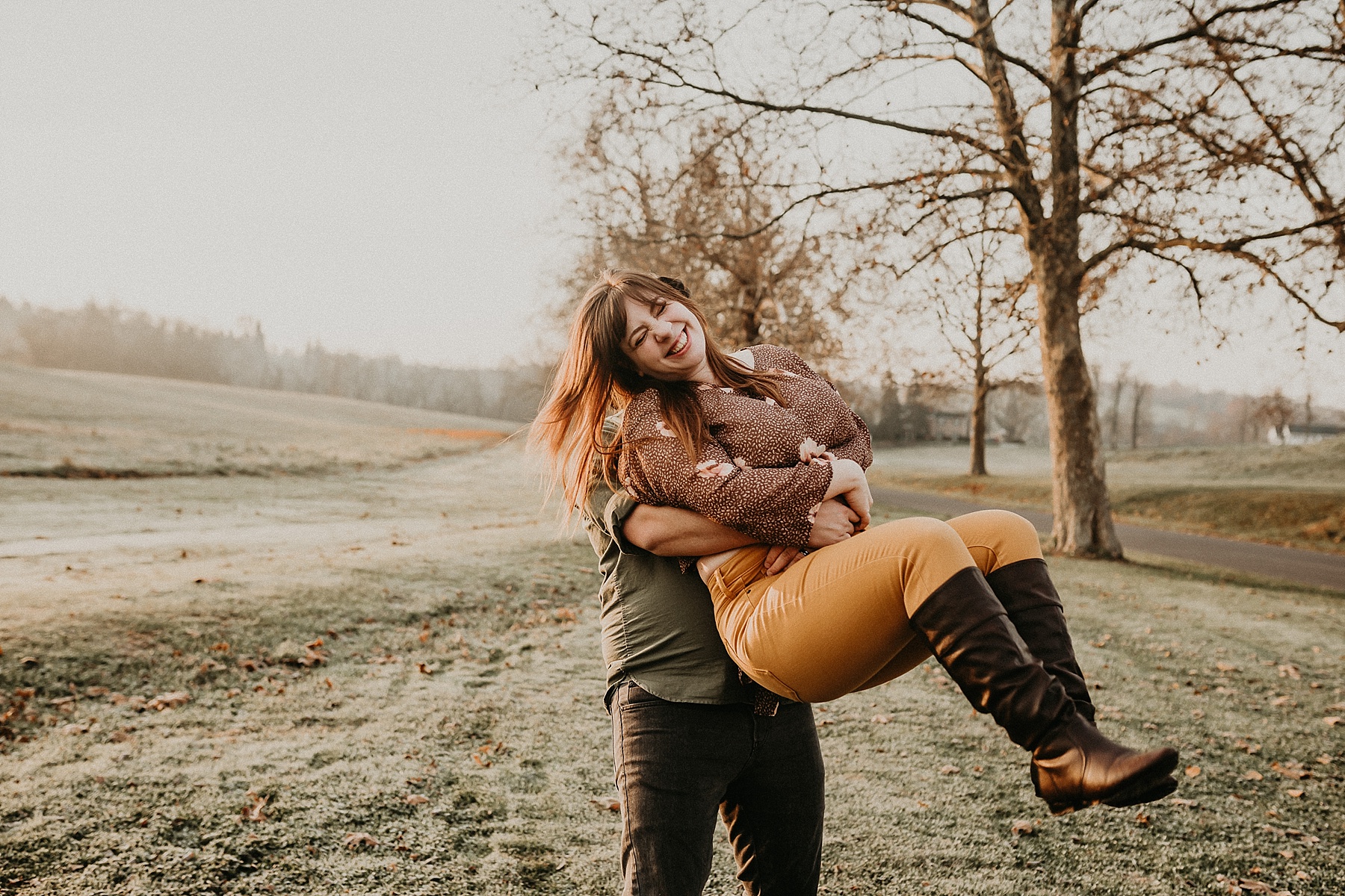 Fun and playful foggy Irish countryside sunrise couples session