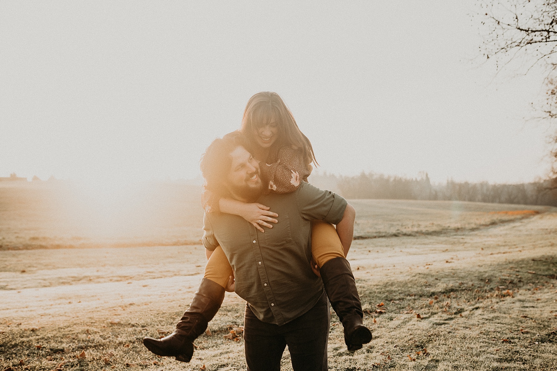 Fun and playful foggy Irish countryside sunrise couples session