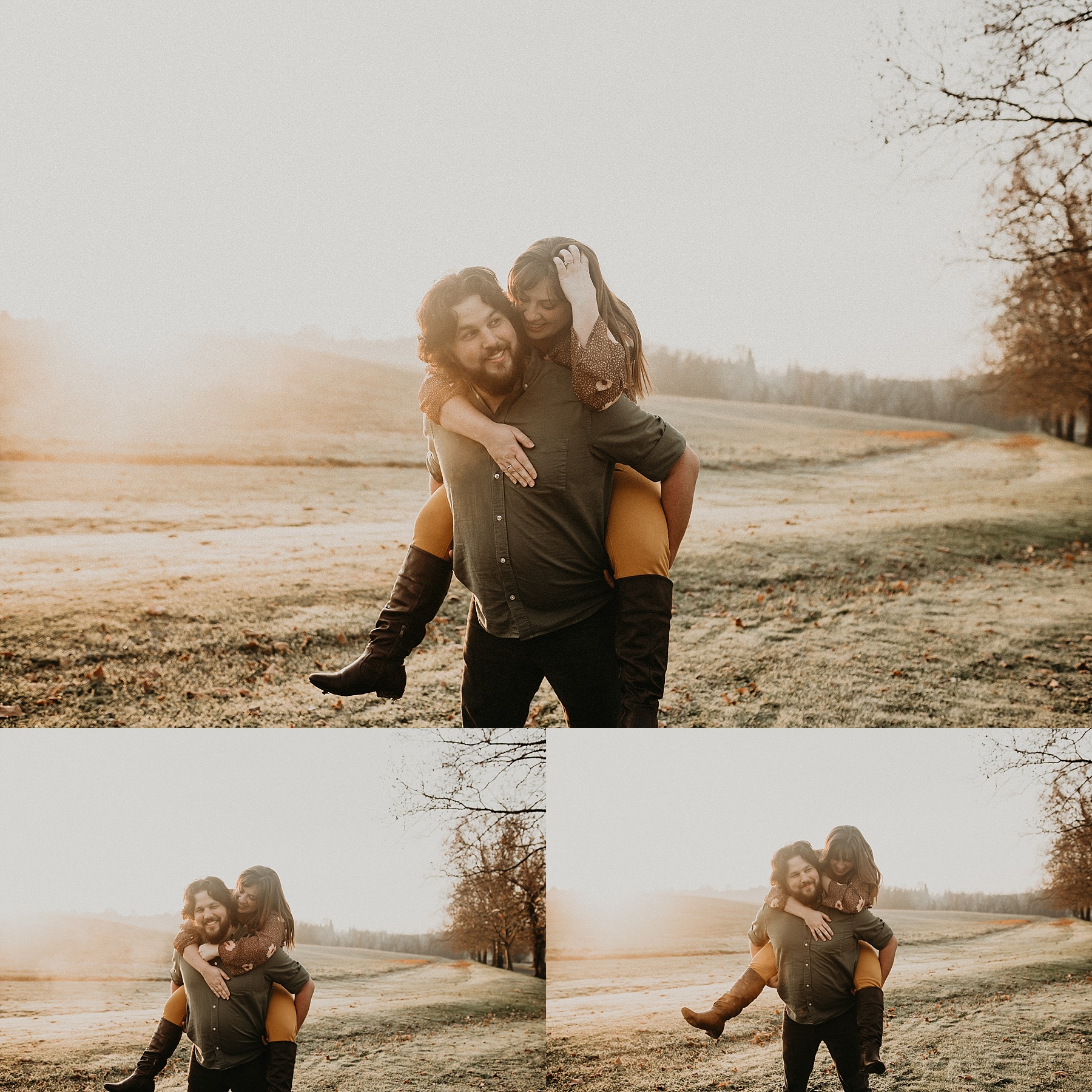 Fun and playful foggy Irish countryside sunrise couples session