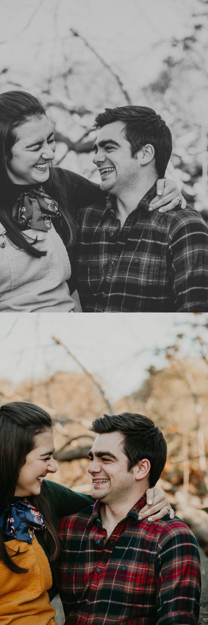 Girl sitting in guys lap with her arms wrapped around his neck as they laugh together