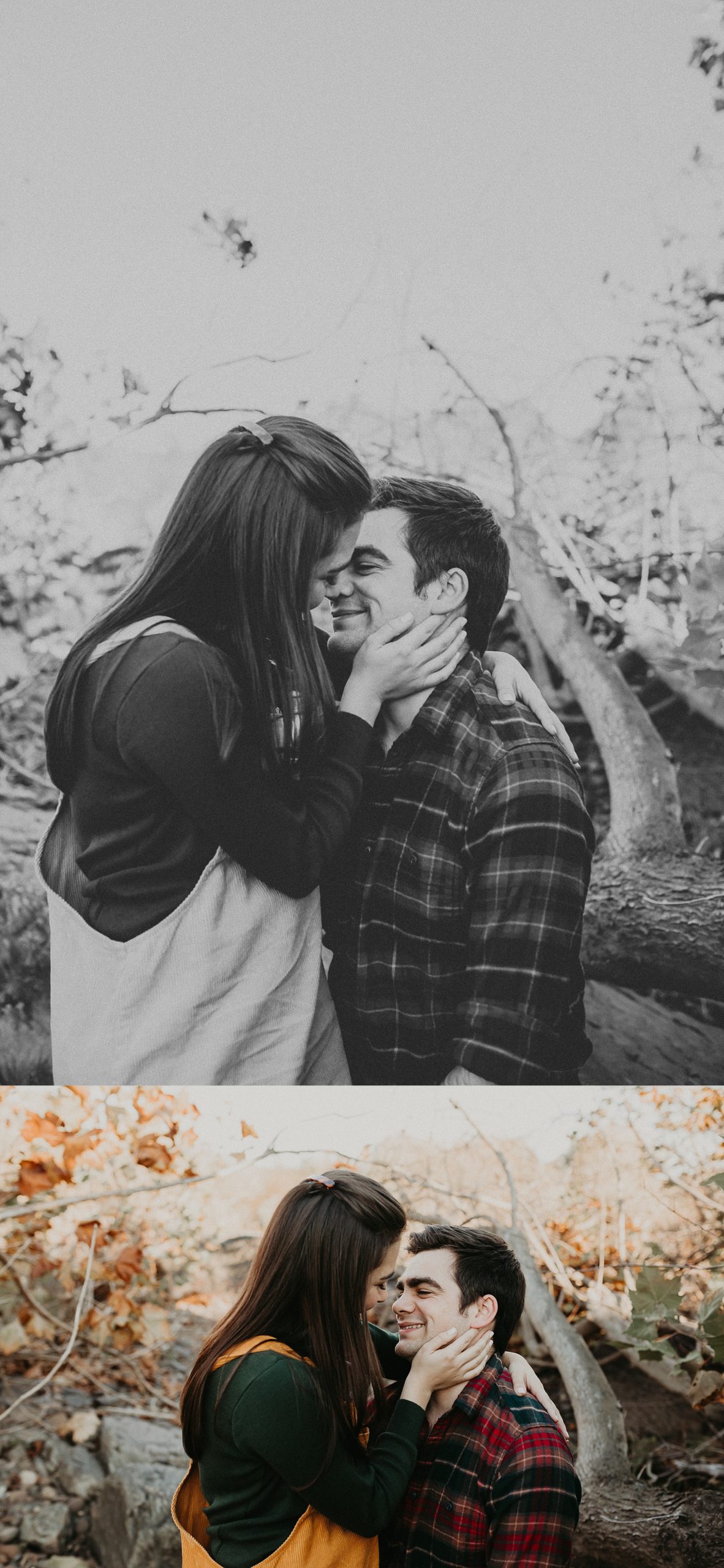 Girl sitting in guys lap with her hands against his cheek as they lean in for a kiss