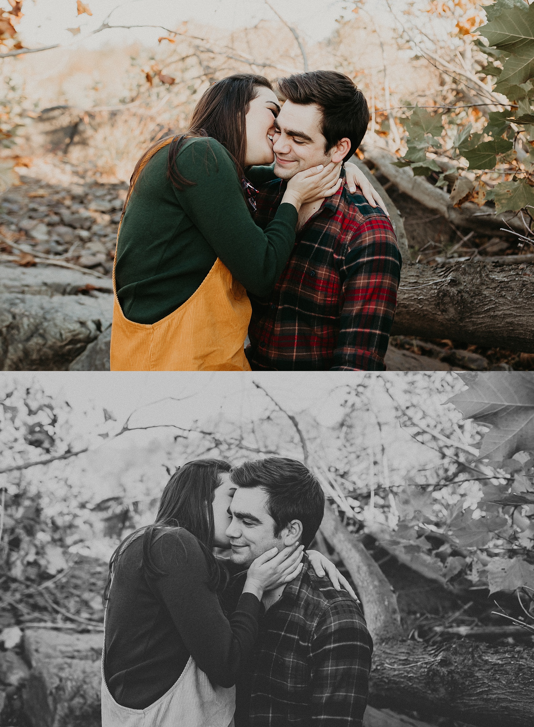 Girl sitting in guys lap with her hands against his cheek as they lean in for a kiss