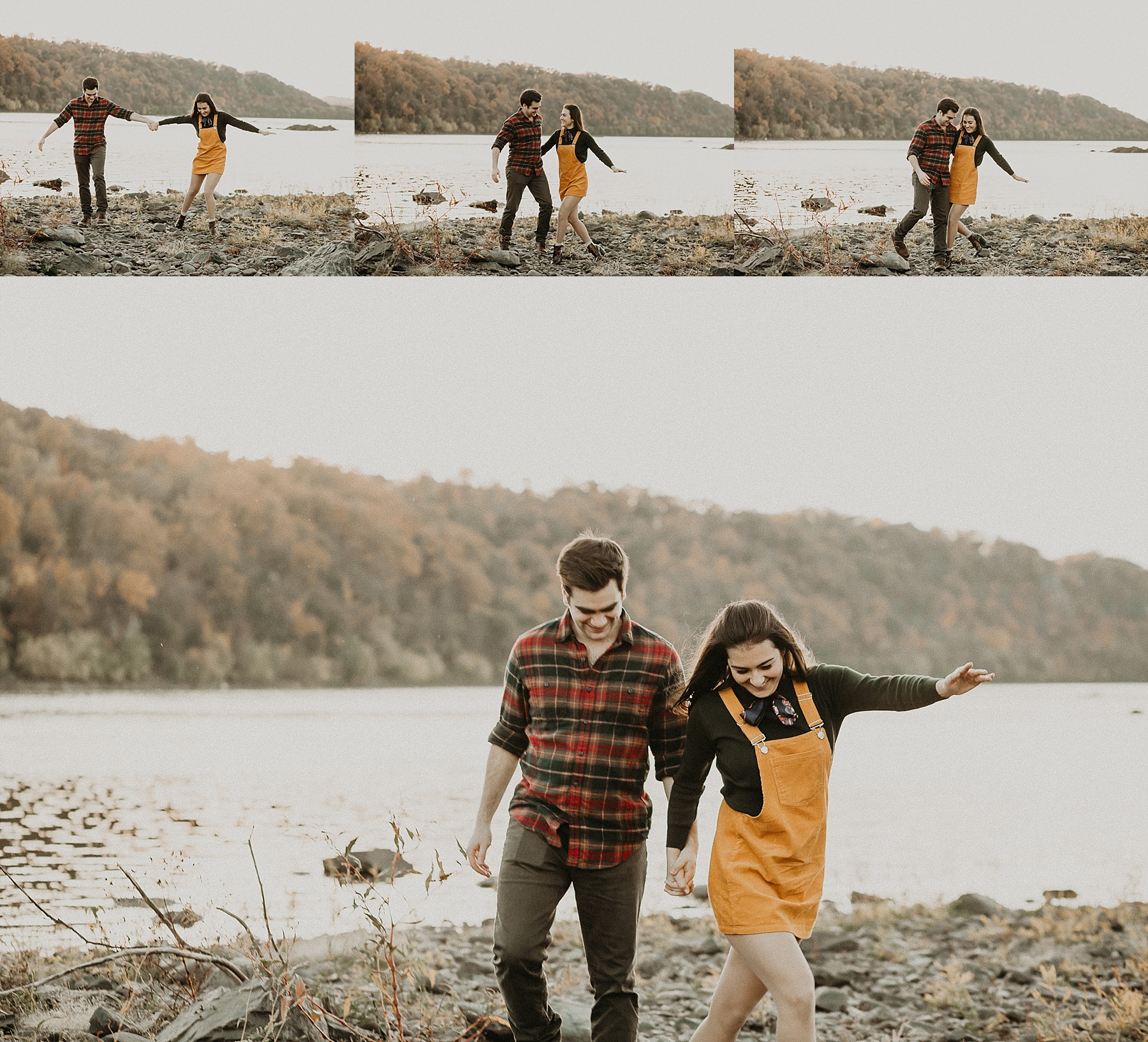 Engaged couple holding hands as they walk playfully along the Susquehanna River laughing and having fun