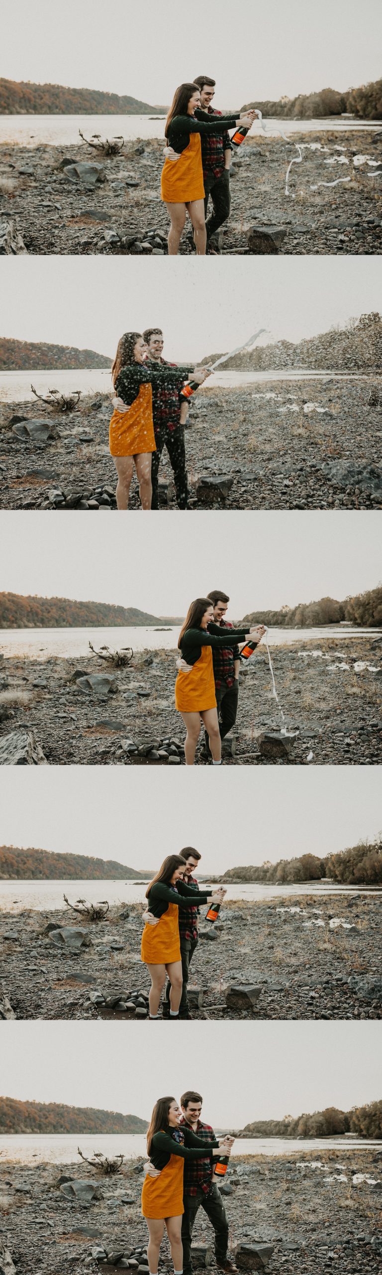 Shaking and popping champagne as it sprays all over laughing couple during engagement session