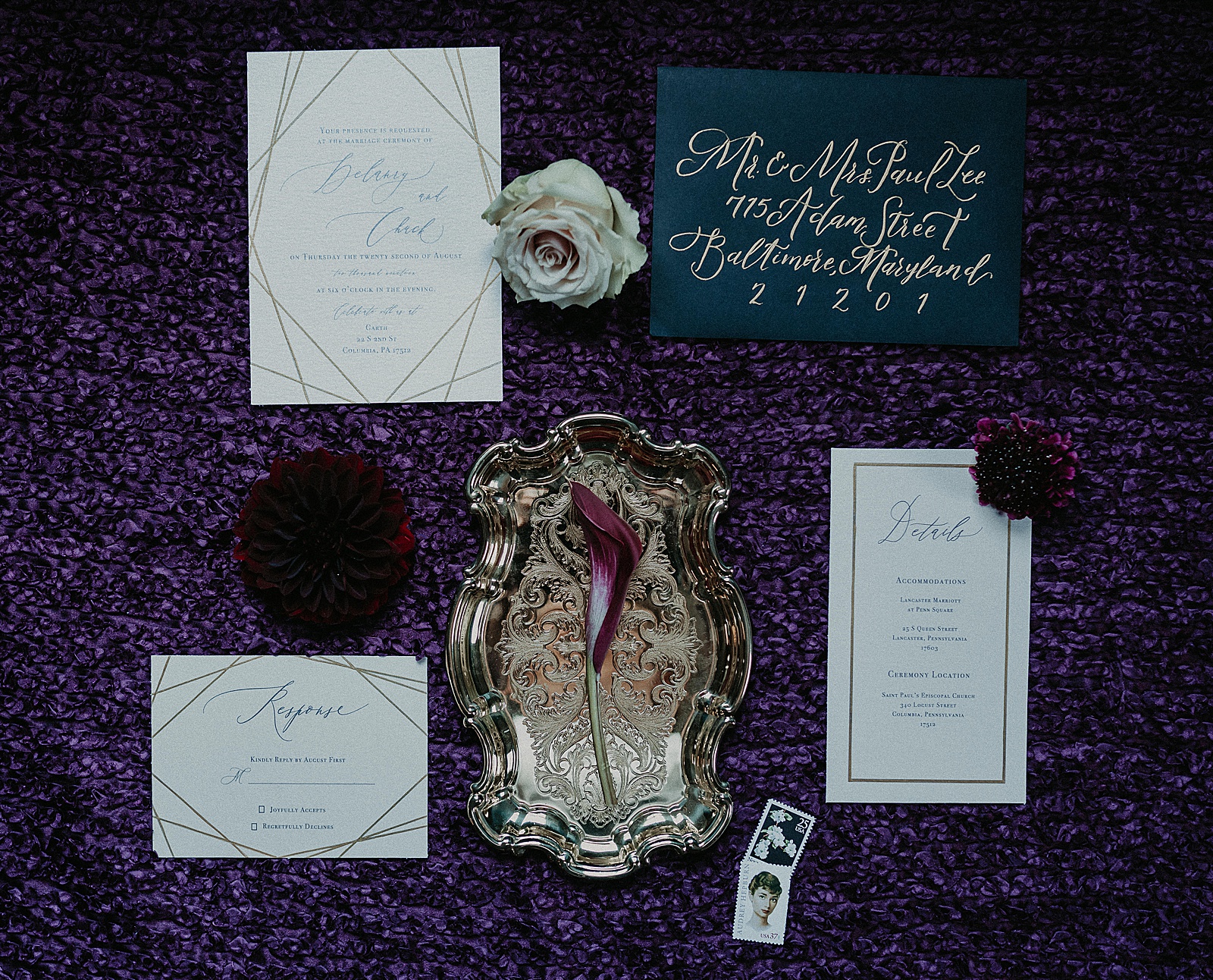Wedding invitation styled with flowers and accents
