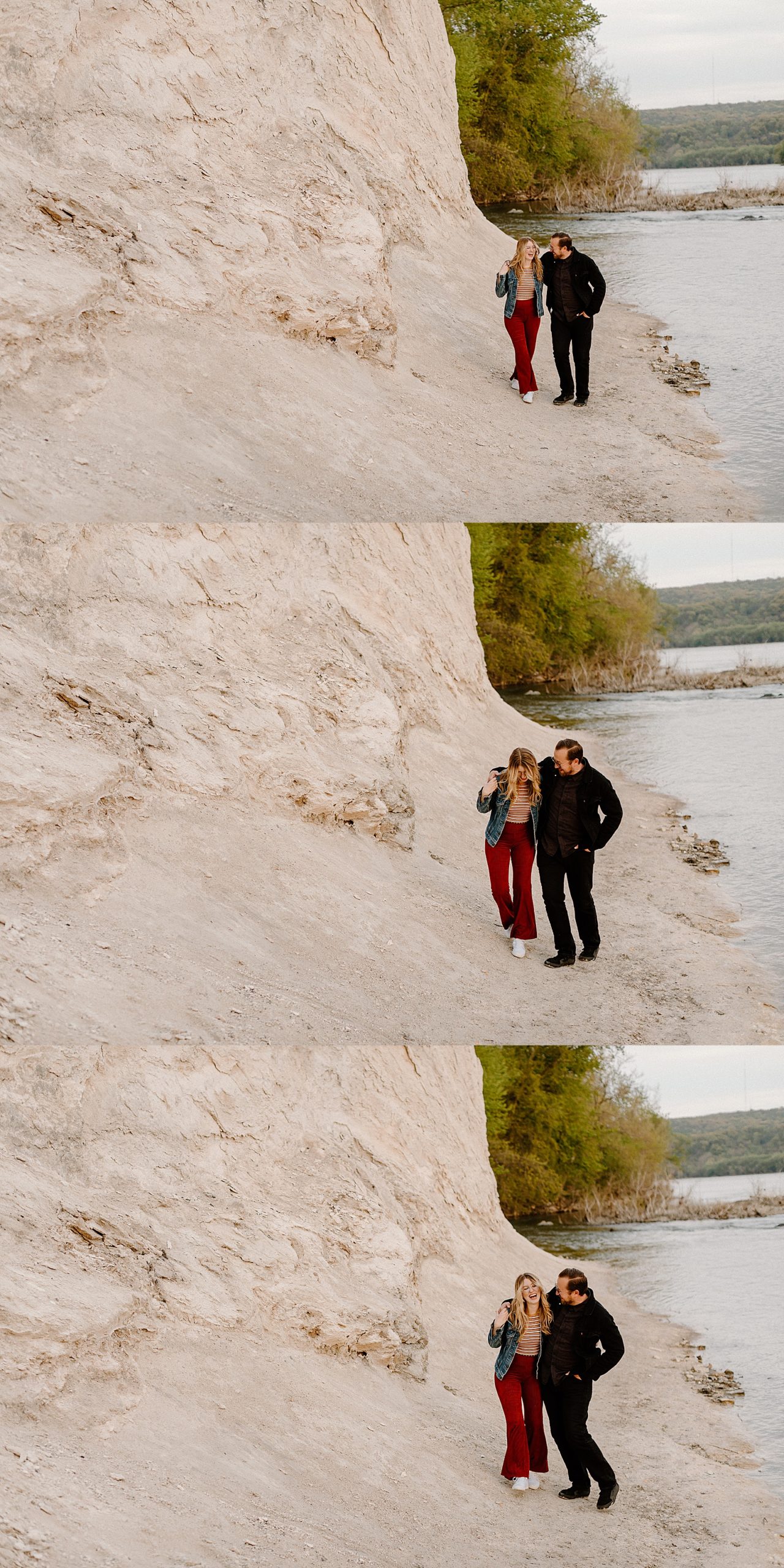 Couple walking with arms around one another during adventure session at White Cliffs of Conoy