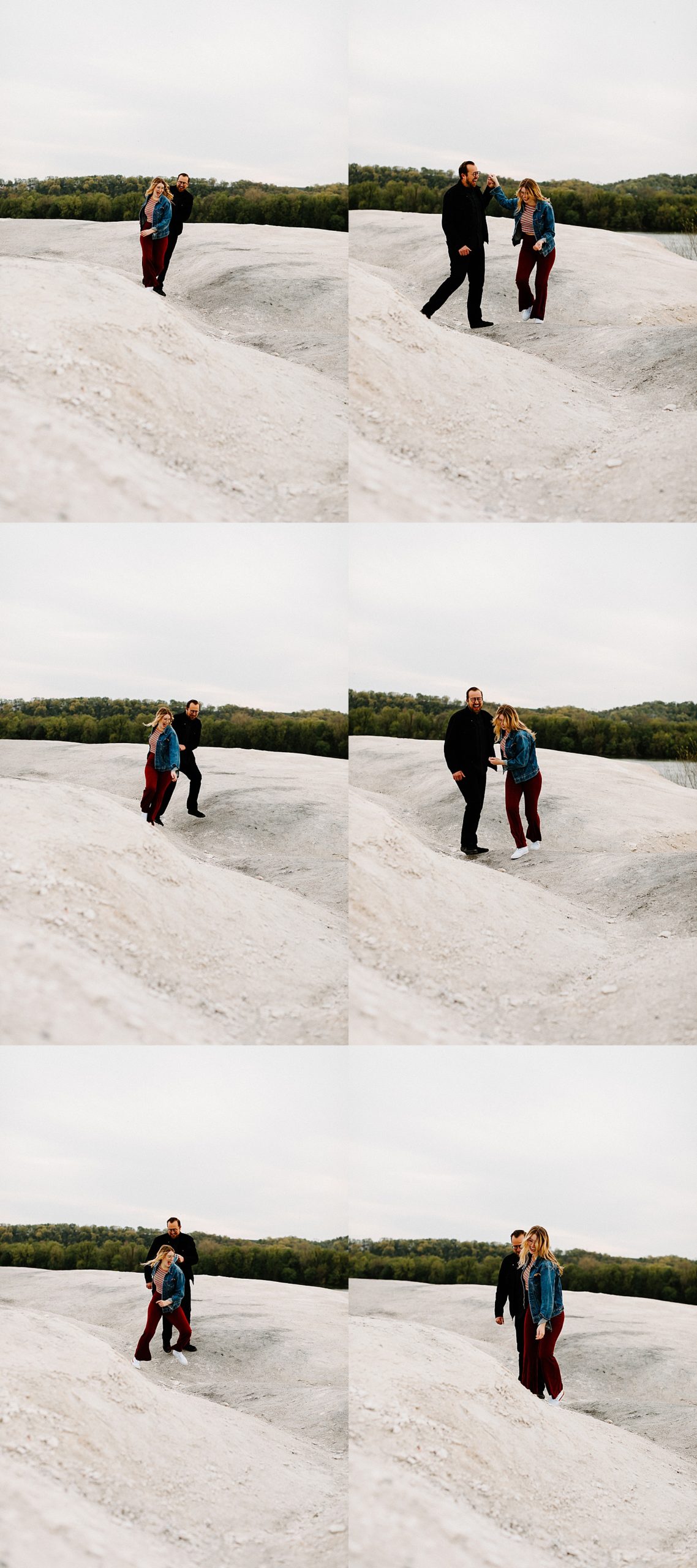 Candid laughing moments during couples adventure session at White Cliffs of Conoy